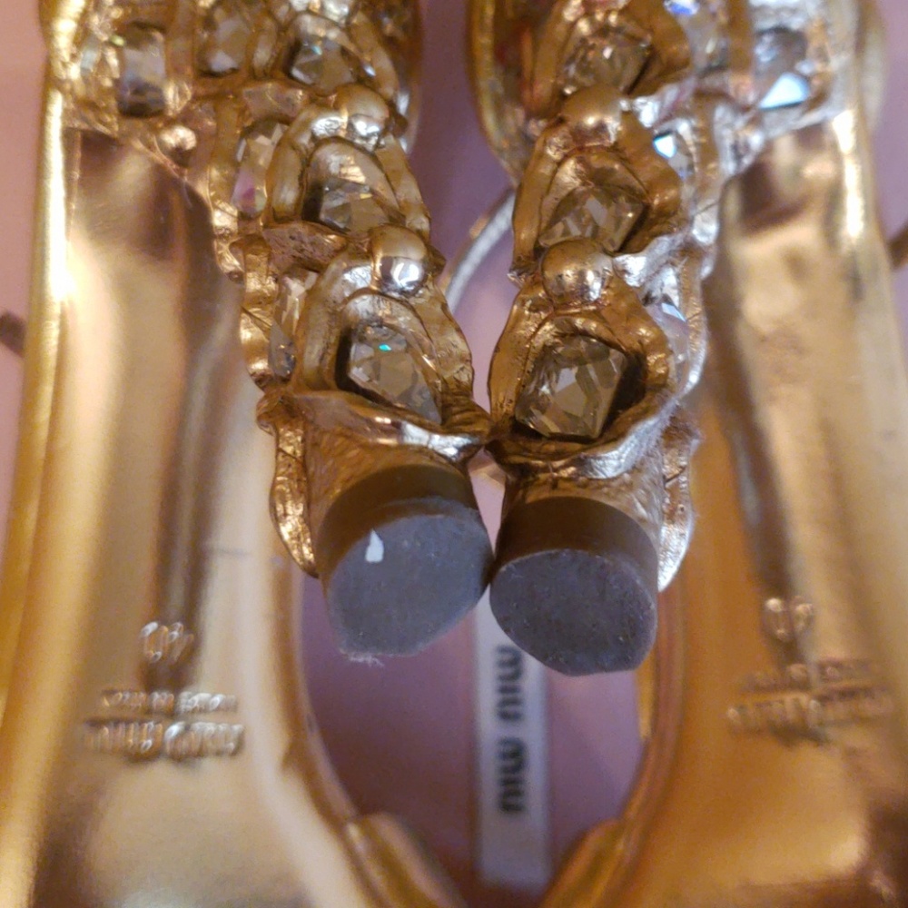 Miu Miu Metallic Gold Sandal with Jeweled Heel - Picture 5 of 7
